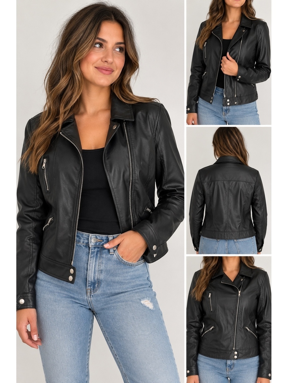 New Look Faux Leather Moto Jacket Women’s Large Black Biker Zip Y2K